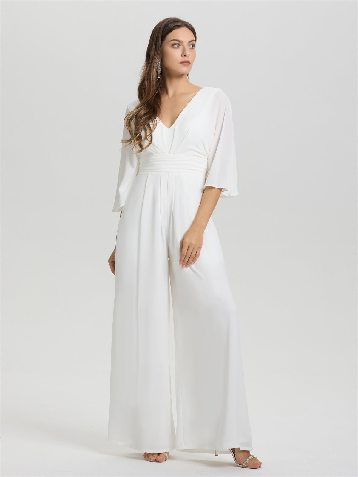 V-Ausschnitt Puffy Halbe Ärmel Chiffon Brautmutter Hosenanzug/Jumpsuit