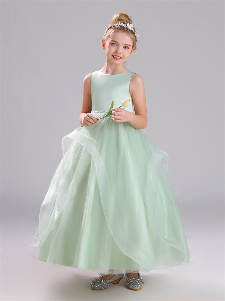 A-Linie ärmelloses Tüll bodenlanges Satin Blumenmädchenkleid mit Schleifenknoten