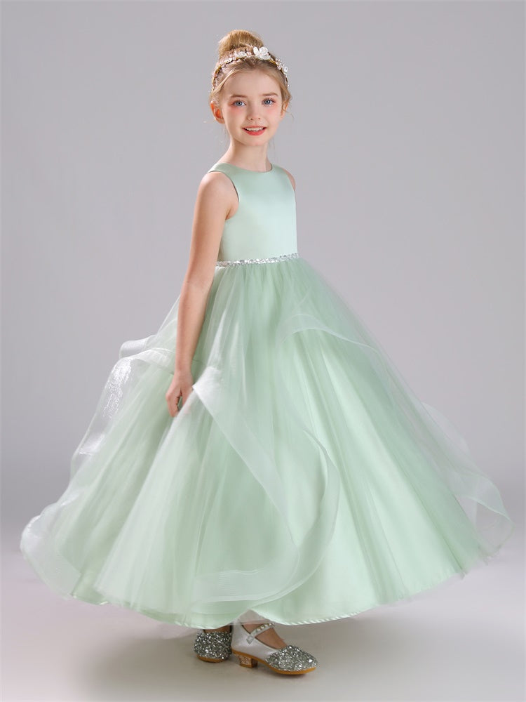 A-Linie ärmelloses Tüll bodenlanges Satin Blumenmädchenkleid mit Schleifenknoten