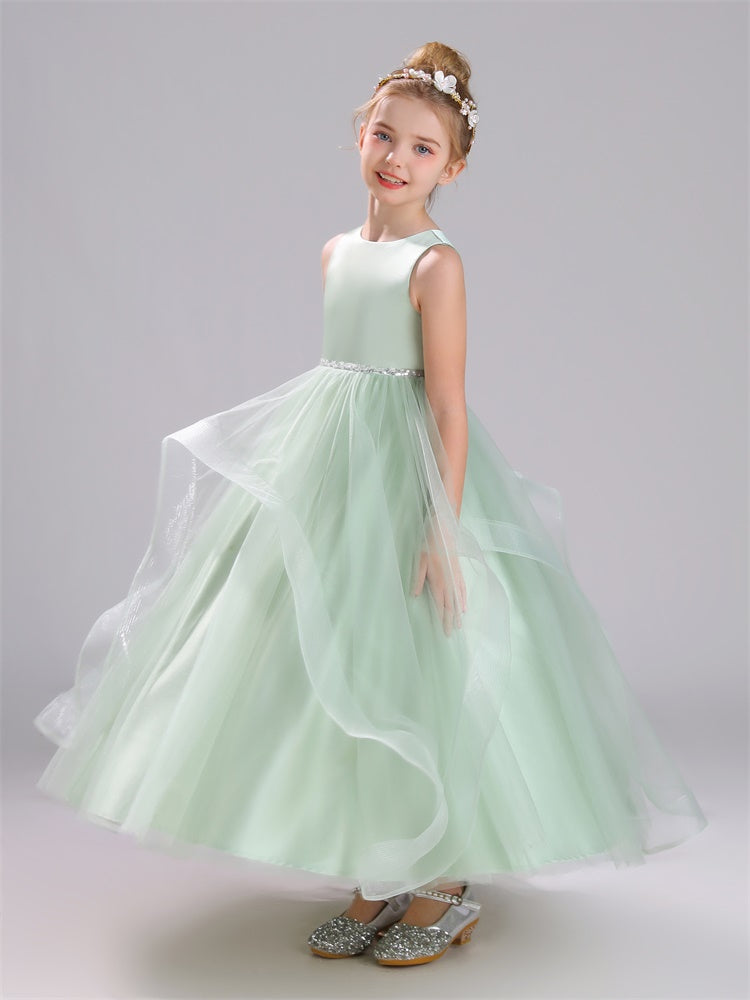 A-Linie ärmelloses Tüll bodenlanges Satin Blumenmädchenkleid mit Schleifenknoten
