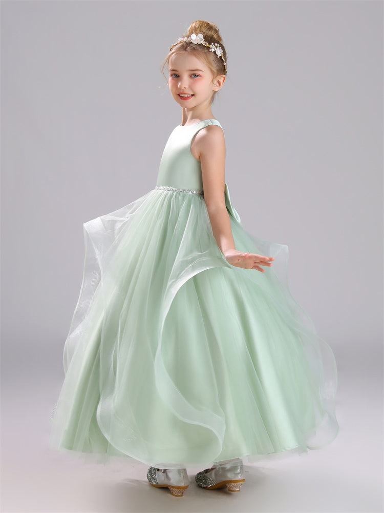 A-Linie ärmelloses Tüll bodenlanges Satin Blumenmädchenkleid mit Schleifenknoten