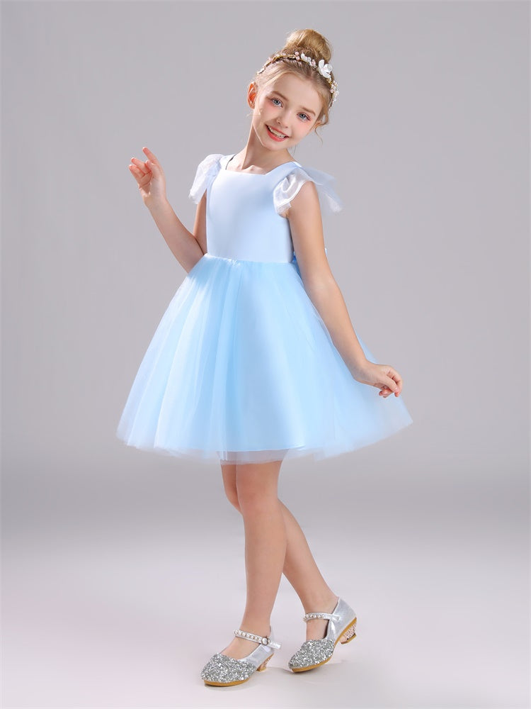 Cap Sleeves Scoop Tulle Knielang Satin Blumenmädchen Kleid