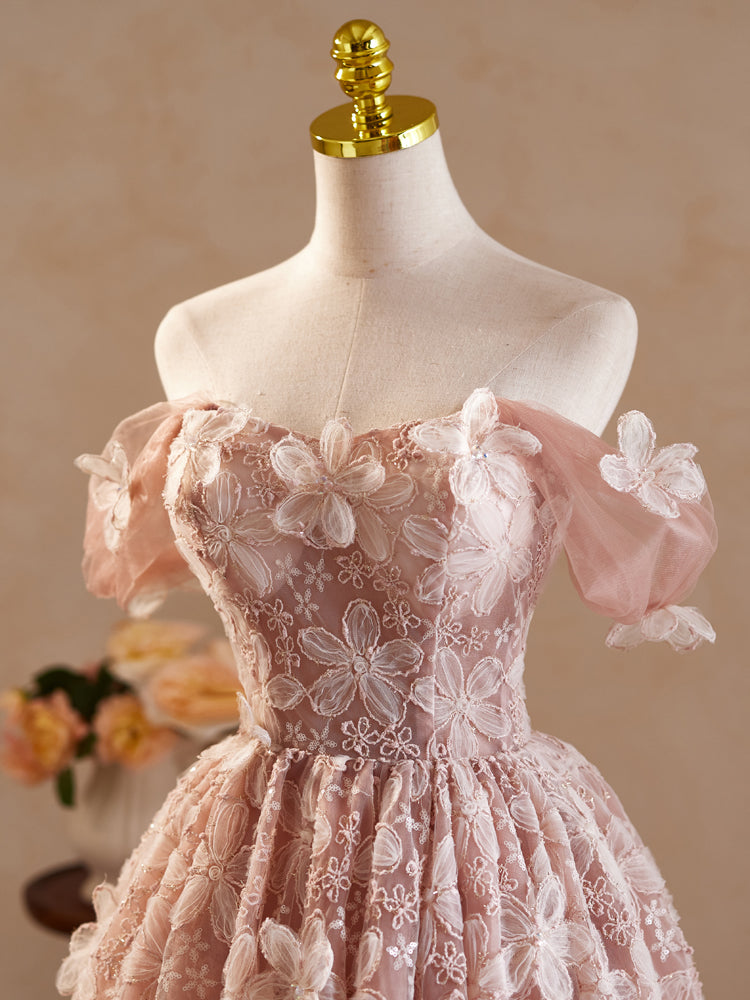 Rosa Vintage schulterfreies Ballkleid mit Blumenapplikationen