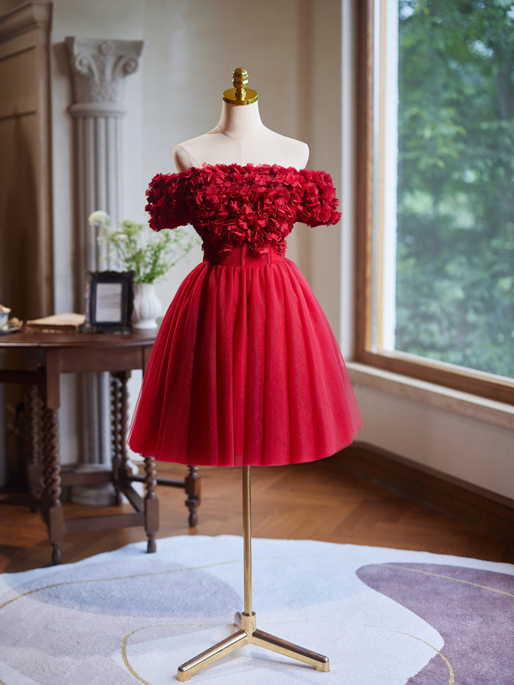 Schulterfreies Blumenmusterkleid aus Tüll Kurzes Ballkleid