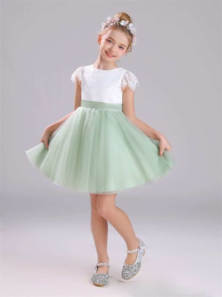 Bateau-Ausschnitt mit Ärmeln Satin&Tüll&Spitze Kurzes Kleid für Mädchen