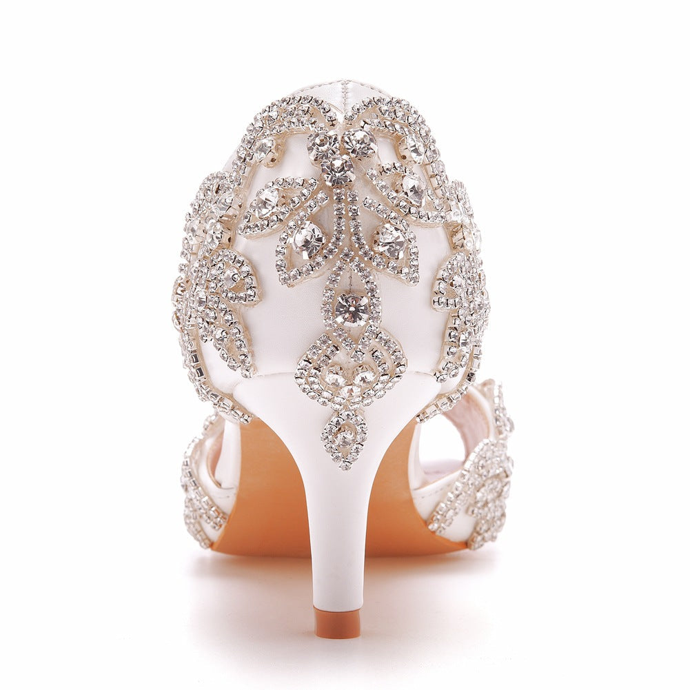 Peep Toe Satin Rhinestone Slip On High Heels