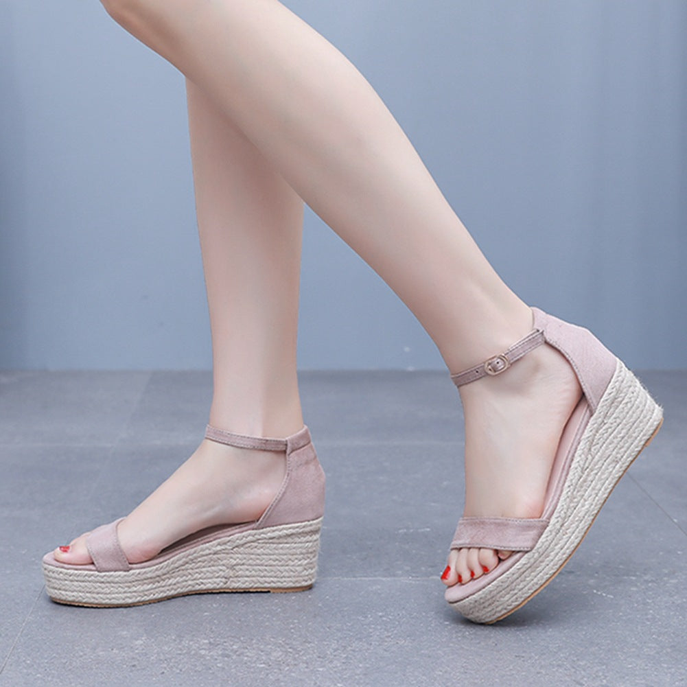 Bohemian Thick Bottom Fish Mouth One Strap Hemp Rope Slope High Heeled Sandals