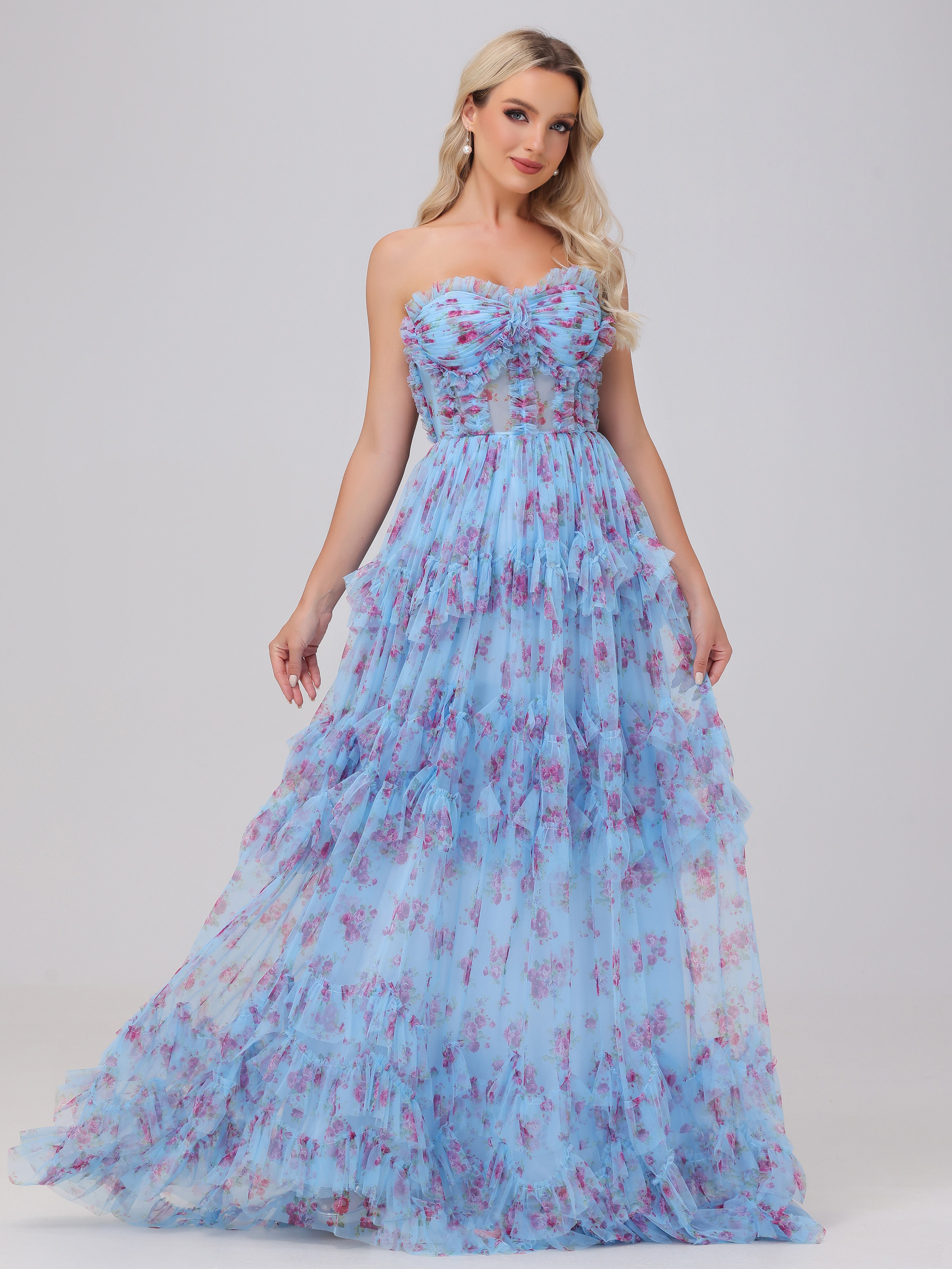 Blau A-Linie Trägerlos Tüll Floral Brautjungfernkleider