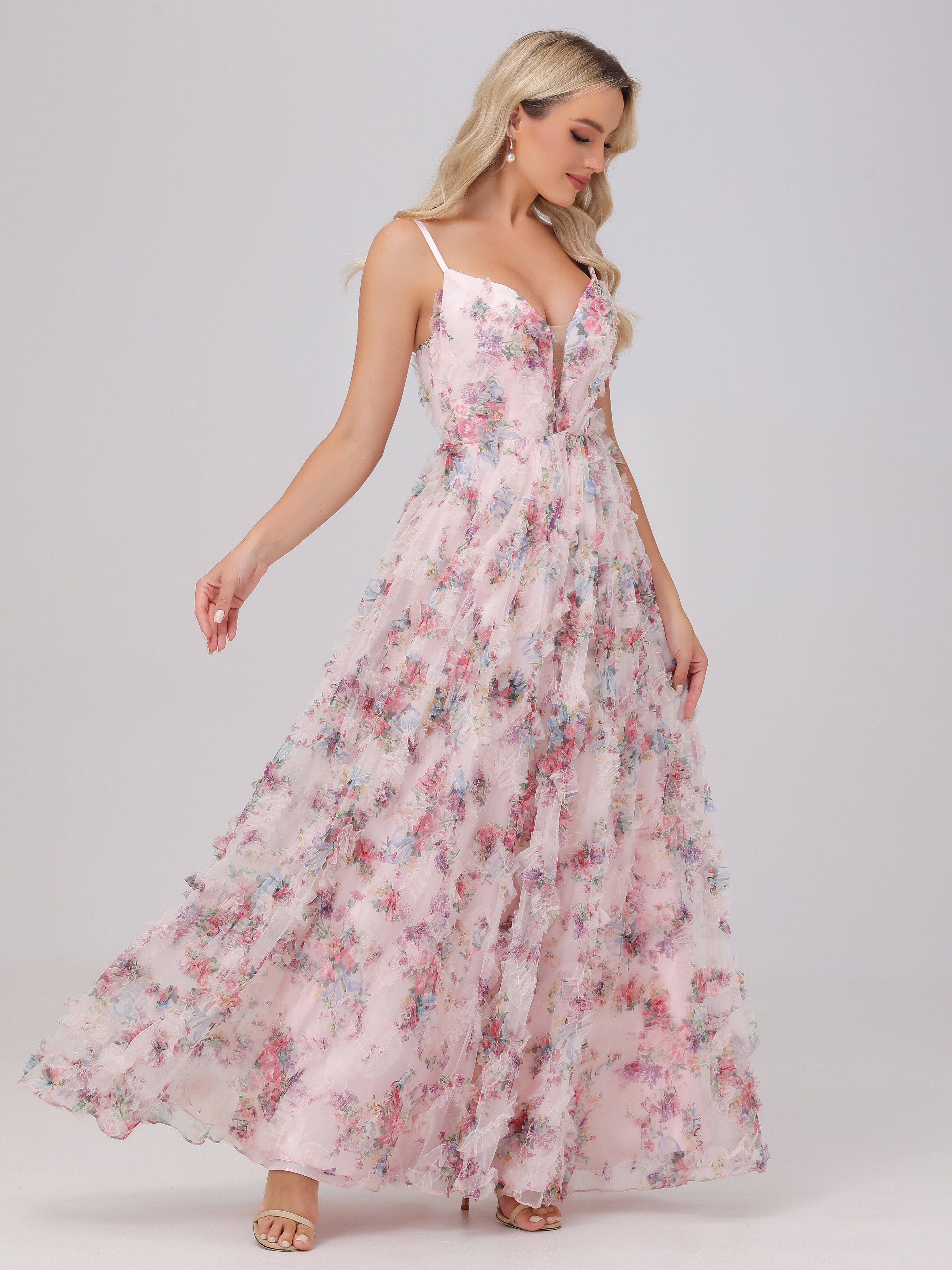 Zartrosa A-Linie Spaghetti-Träger Tüll Floral Brautjungfernkleider