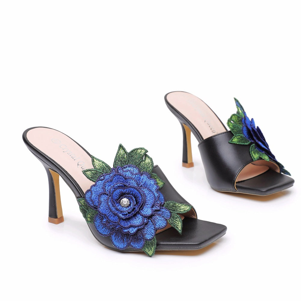 Embroidered Flower Square Toe Fish Mouth High Heeled Sandal Slippers