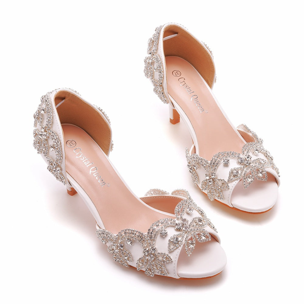 Peep Toe Satin Rhinestone Slip On High Heels