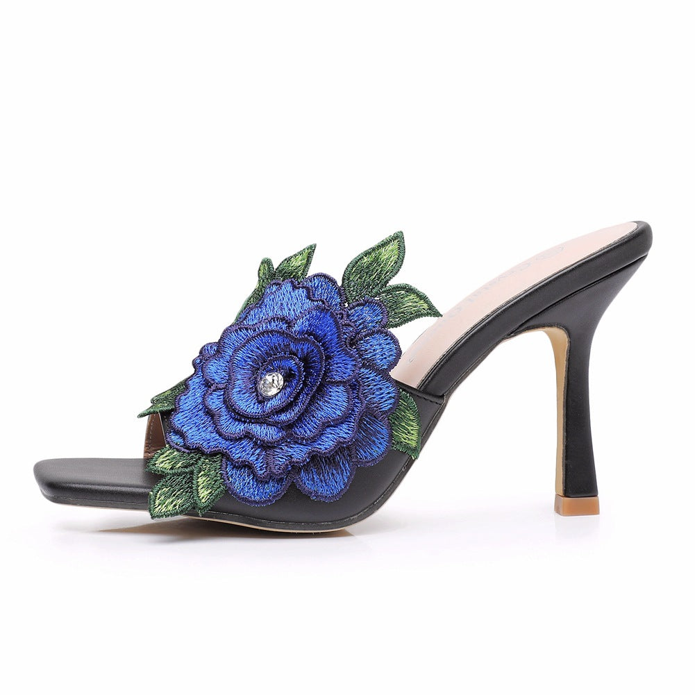 Embroidered Flower Square Toe Fish Mouth High Heeled Sandal Slippers