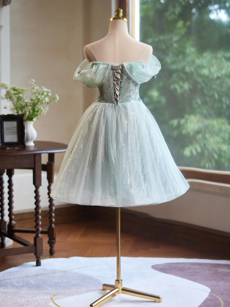 A-Linie schulterfrei Tüll mit handgefertigter Blume Ballkleid