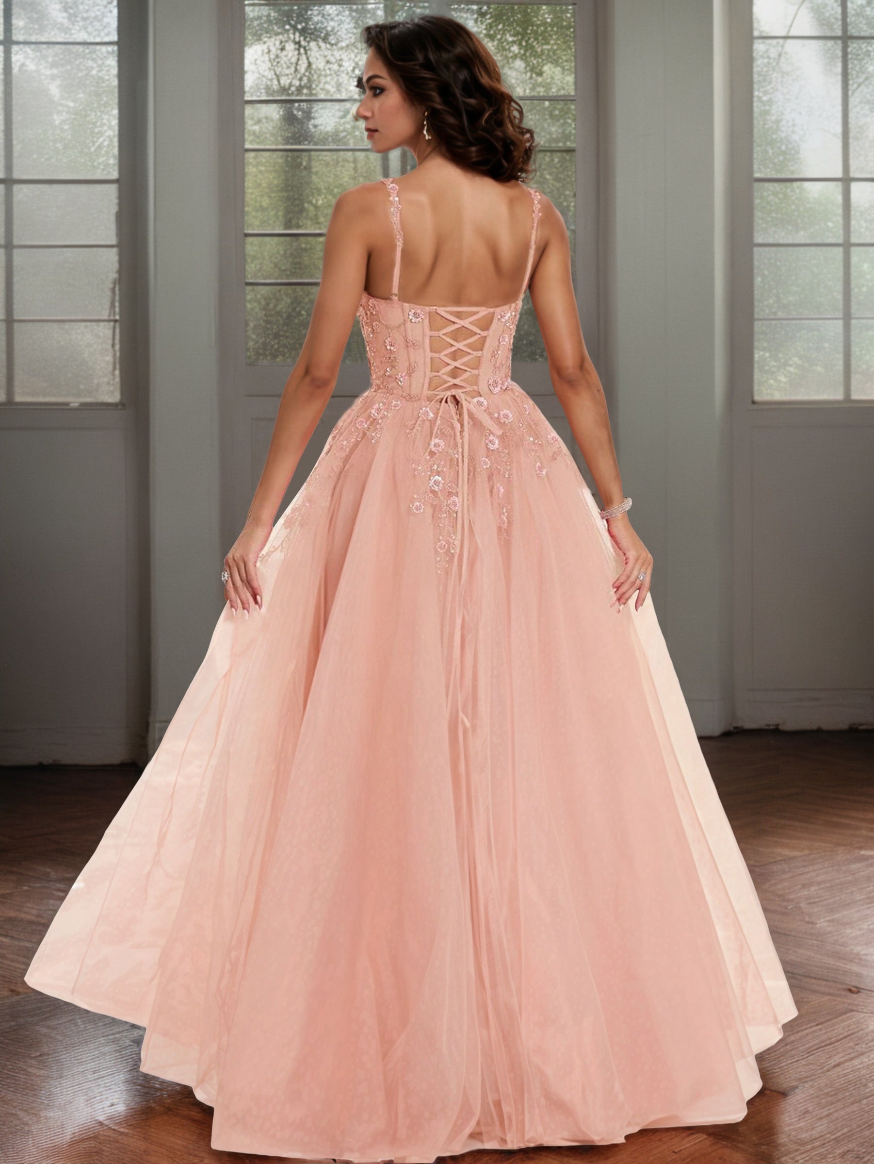 A-Linie Spaghetti-Träger Blumenapplikationen bodenlanges Abendkleid