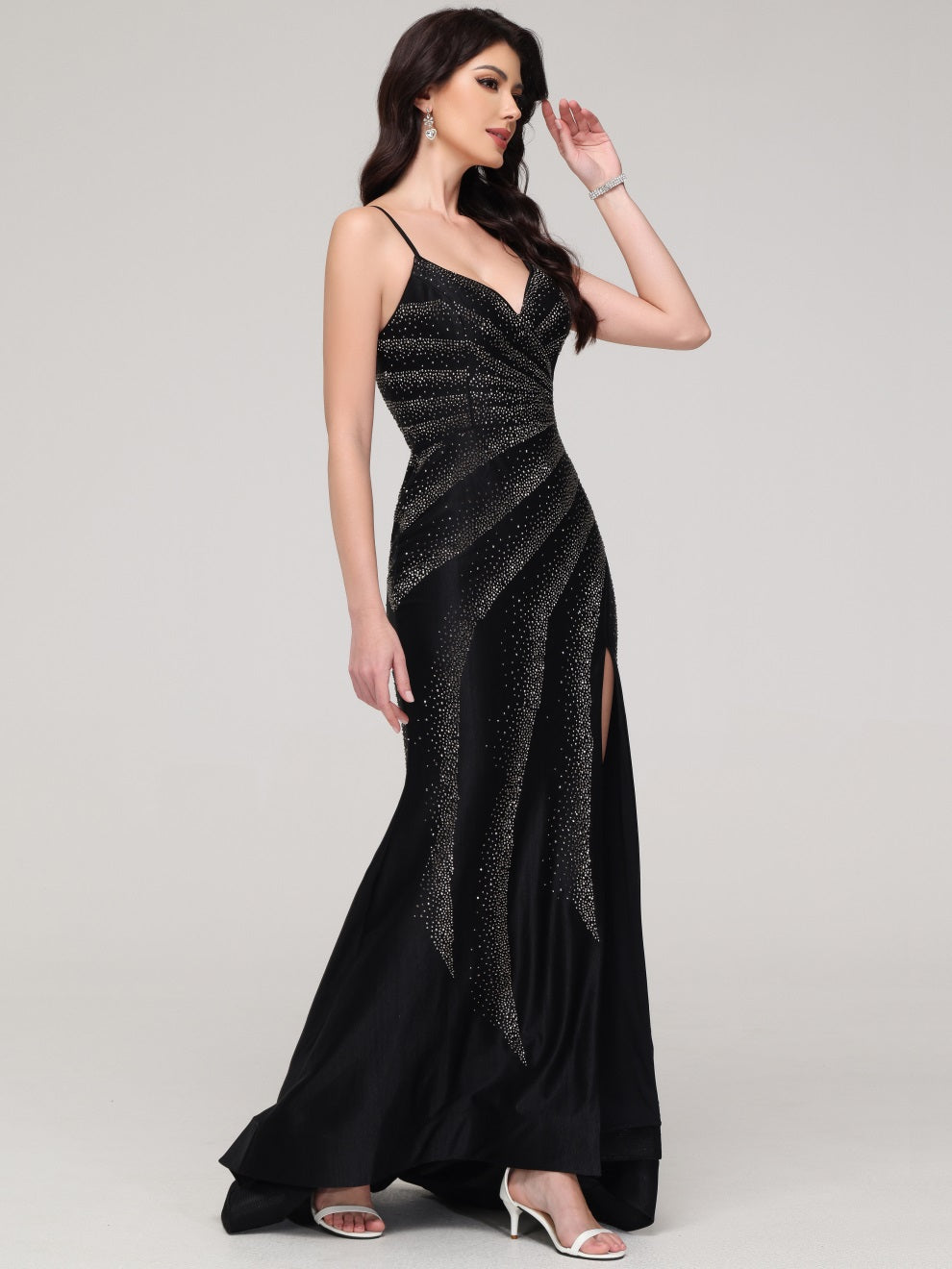 Meerjungfrau V-Ausschnitt Spaghetti-Träger Diamante Meer Welle Abendkleider