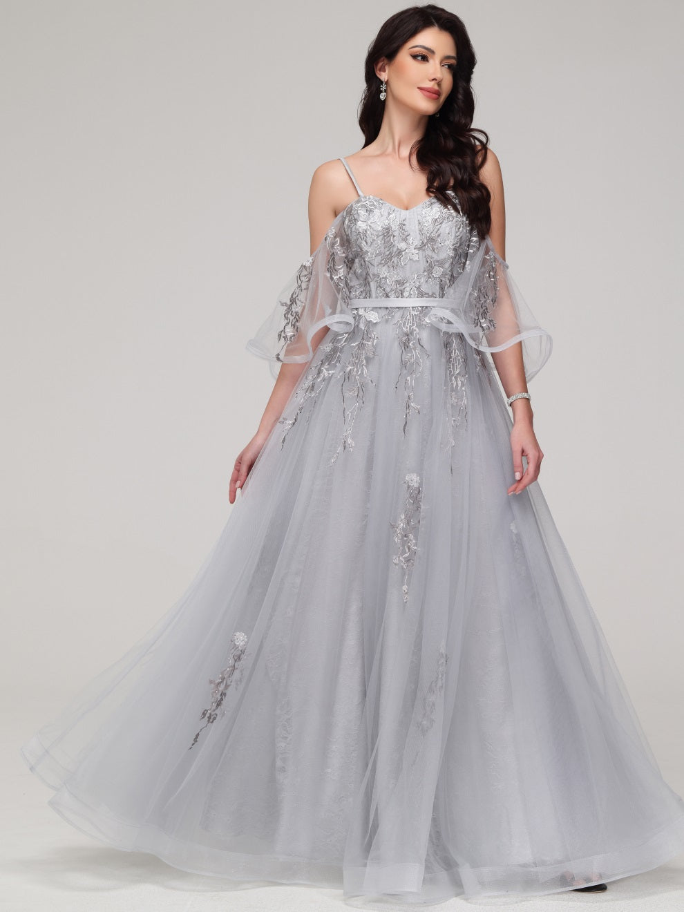 A-Linie hoher Taille Spaghetti-Träger Blumenbesticktes Tüll Abendkleider