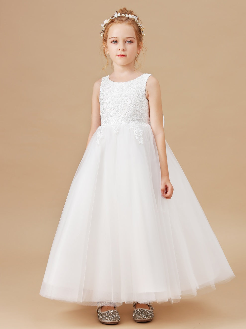 Rundhalsausschnitt Applikationen Tüll Blumenmädchenkleid mit Schleife-Knoten