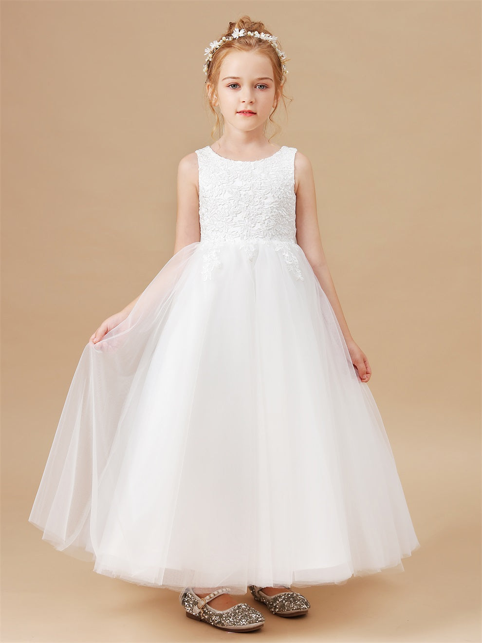 Rundhalsausschnitt Applikationen Tüll Blumenmädchenkleid mit Schleife-Knoten