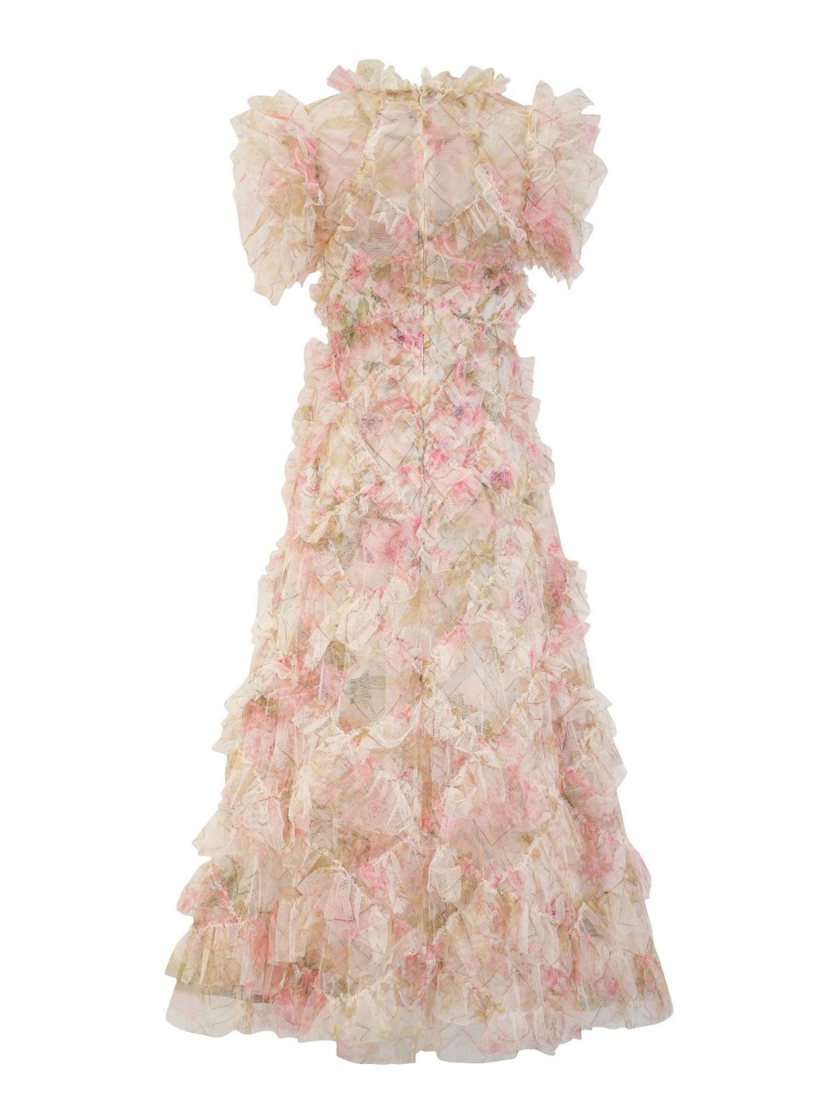 Süßer Blumendruck kurze Puffärmel Rüschen Tüll Brautjungfernkleider