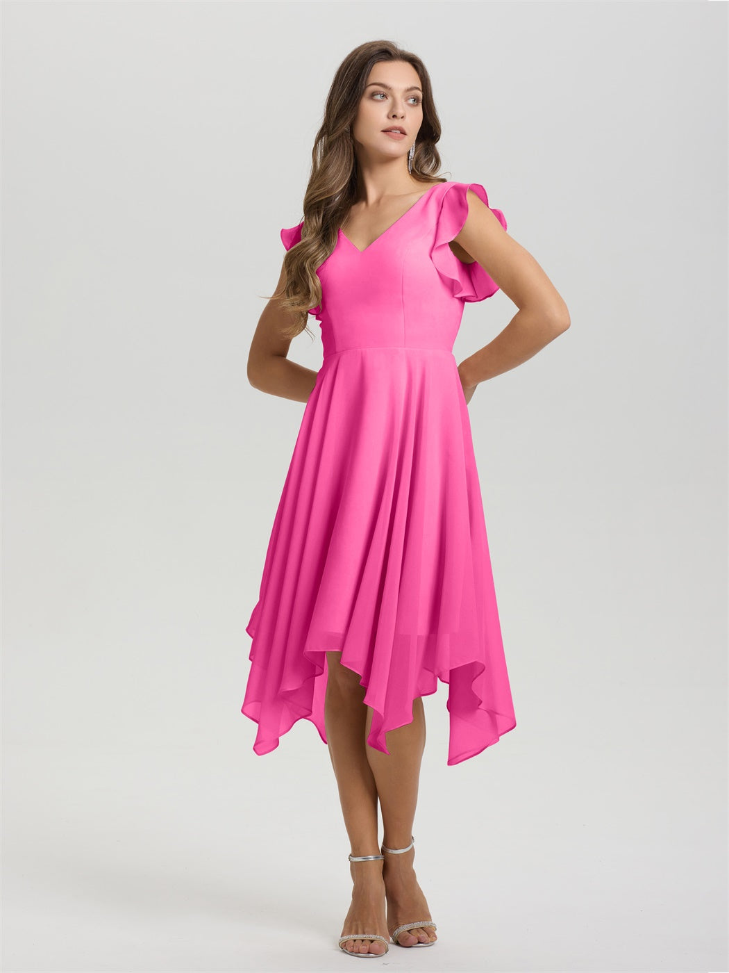 Rüschenärmel V-Ausschnitt Asymmetrisch Tee Länge Chiffon Brautjungfernkleider