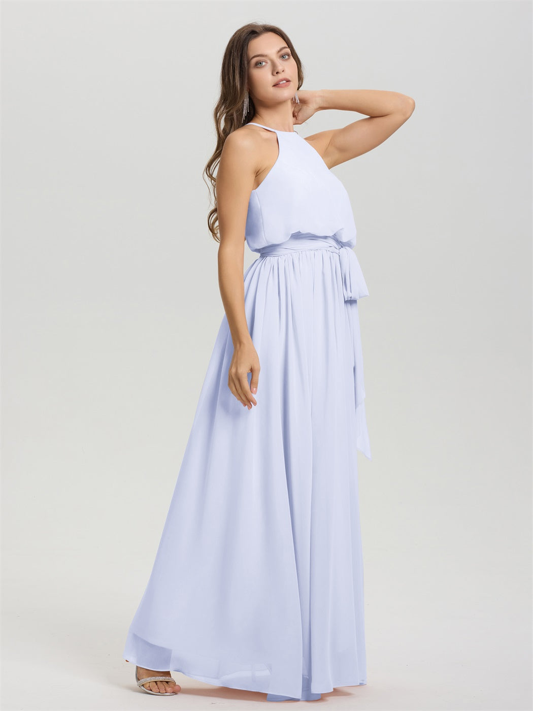 Neckholder Neckholder ärmelloses bodenlanges Chiffon Brautjungfernkleid mit Schärpe