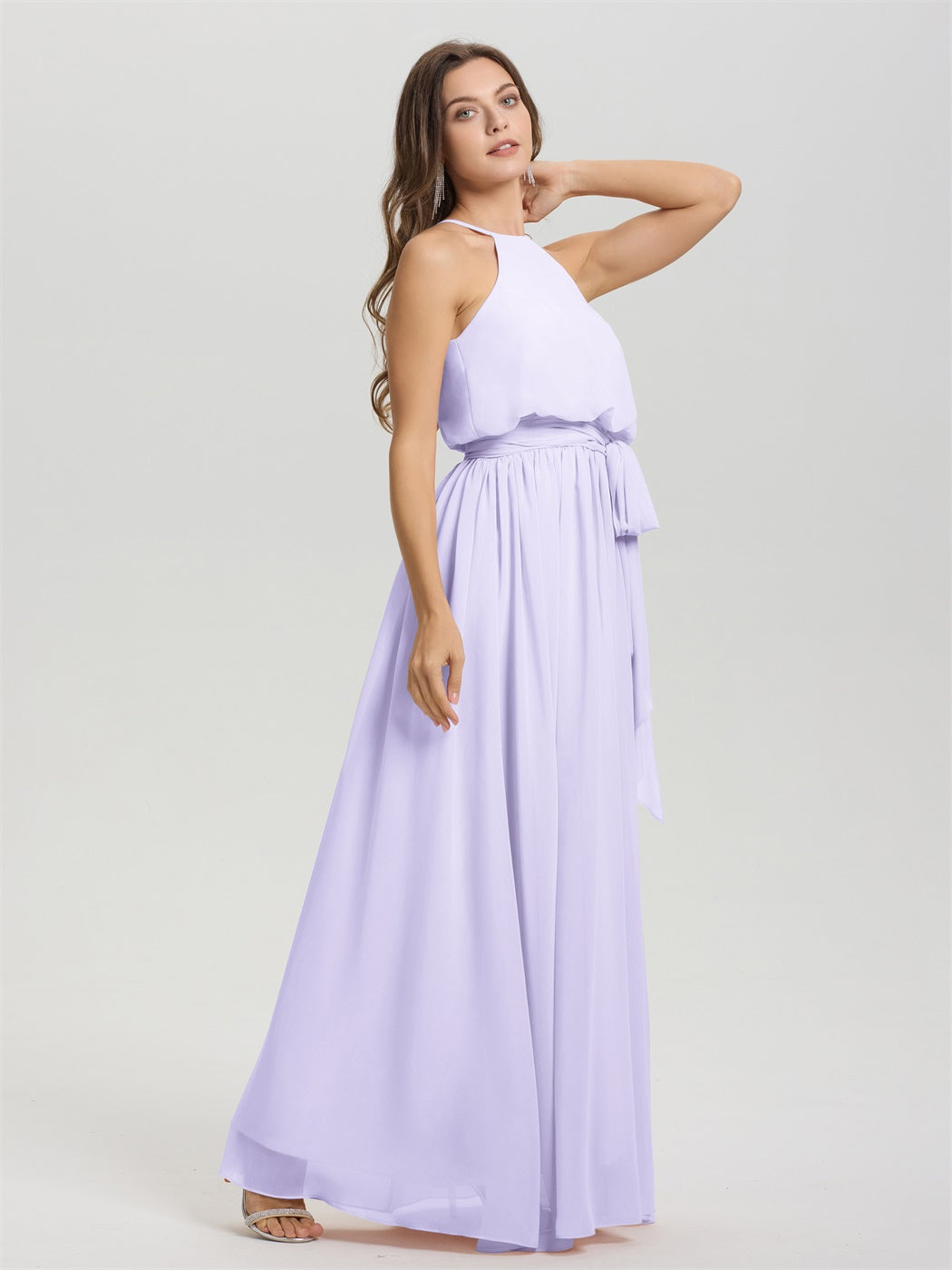 Neckholder Neckholder ärmelloses bodenlanges Chiffon Brautjungfernkleid mit Schärpe