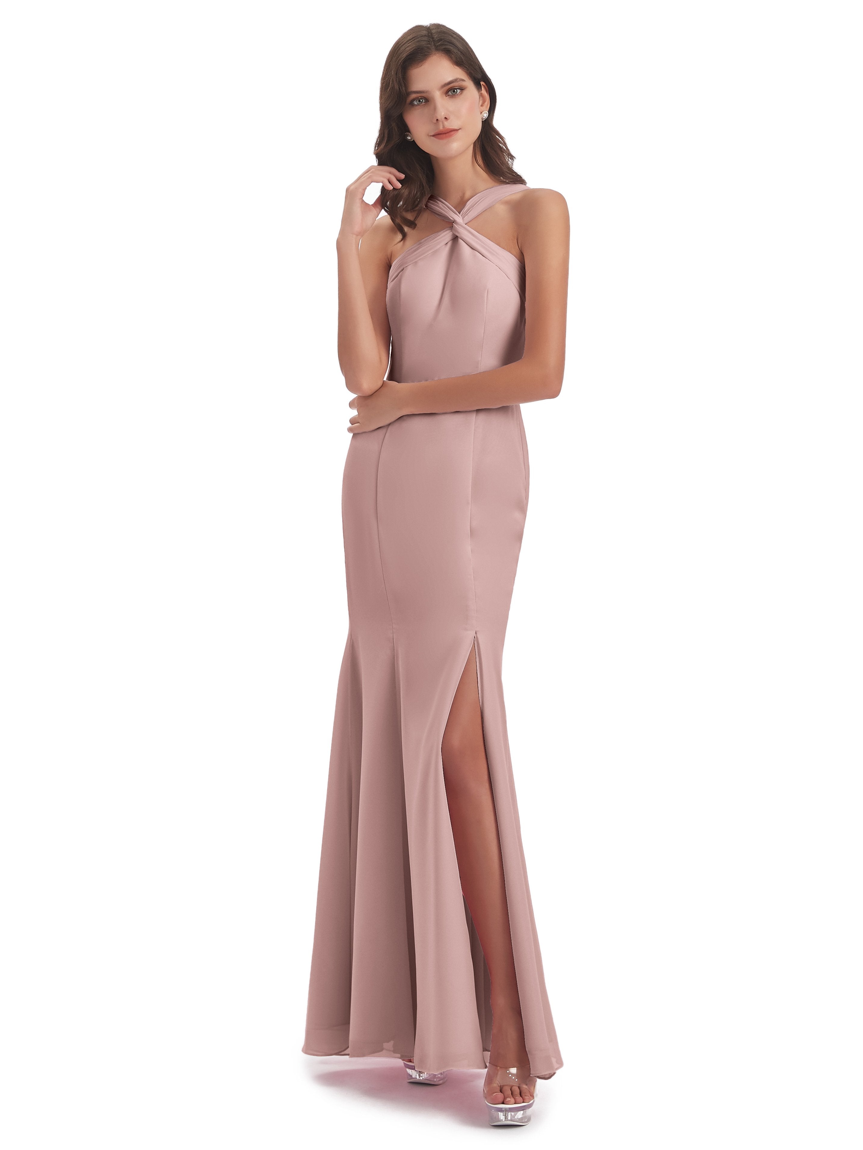 Aubrey Trompete-Meerjungfrau Bodenlange Nackenträger geschlitzte Chiffon Lange Brautjungfernkleider