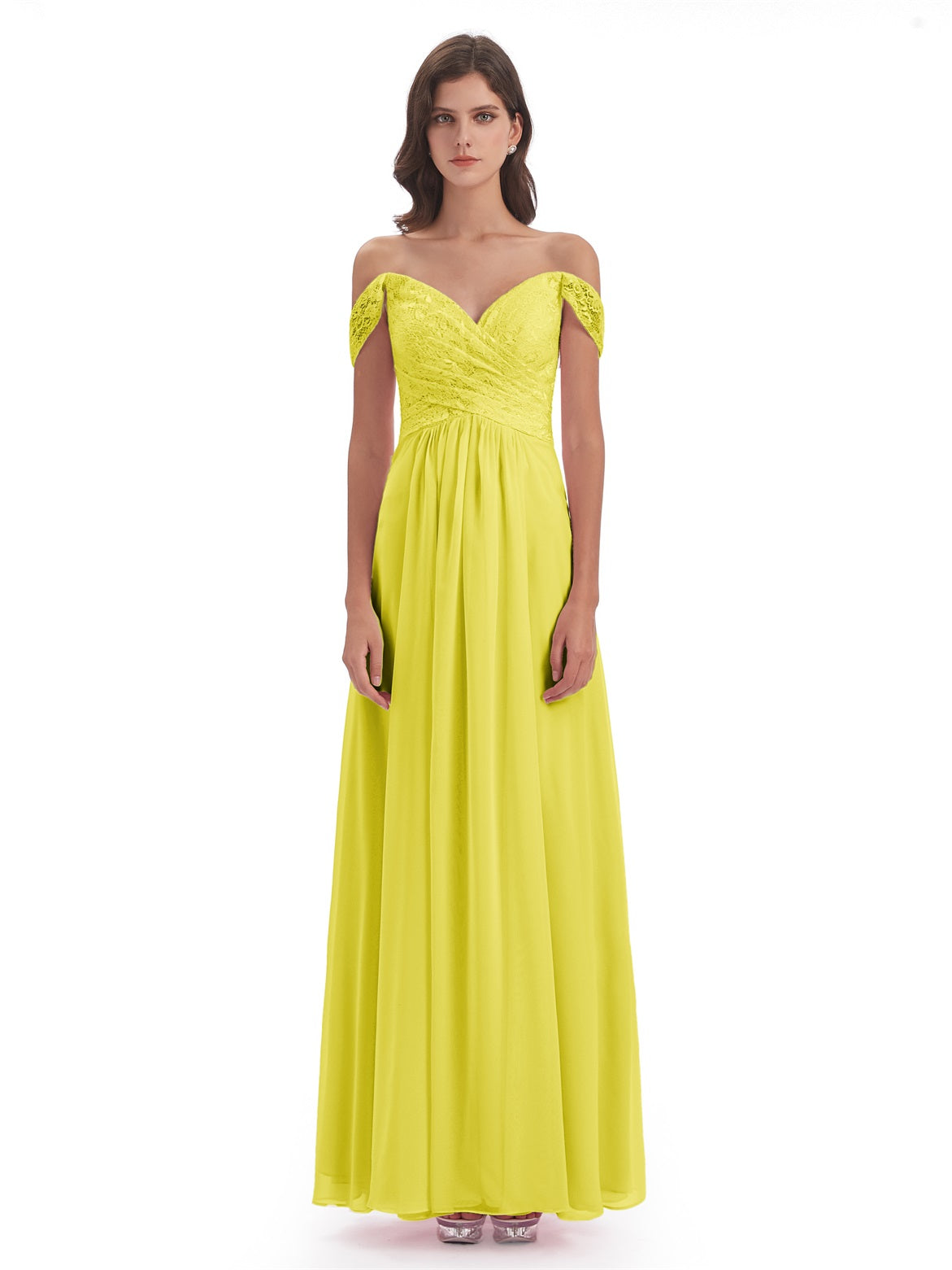 Marjorie A-Linie Bodenlange Schulterfreie Spitze/Chiffon Lange Brautjungfernkleider