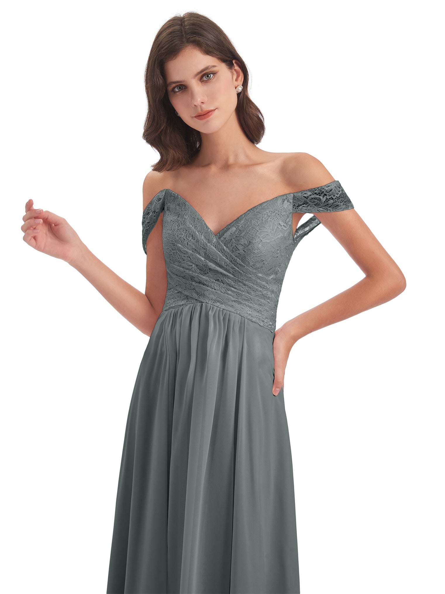 Marjorie A-Linie Bodenlange Schulterfreie Spitze/Chiffon Lange Brautjungfernkleider