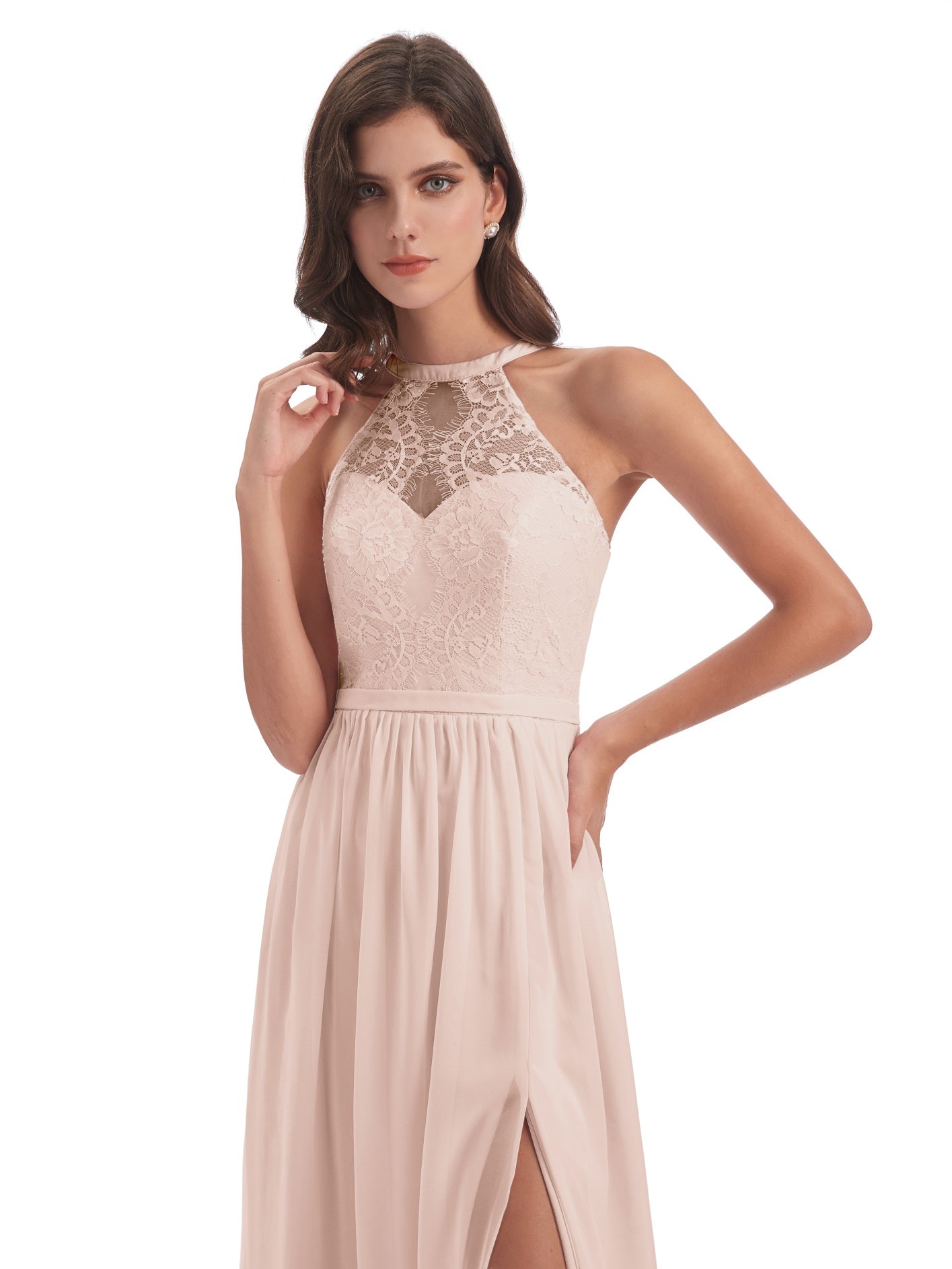 Ailani A-Linie Bodenlange Nackenträger geschlitzte Spitze/Chiffon Lange Brautjungfernkleider
