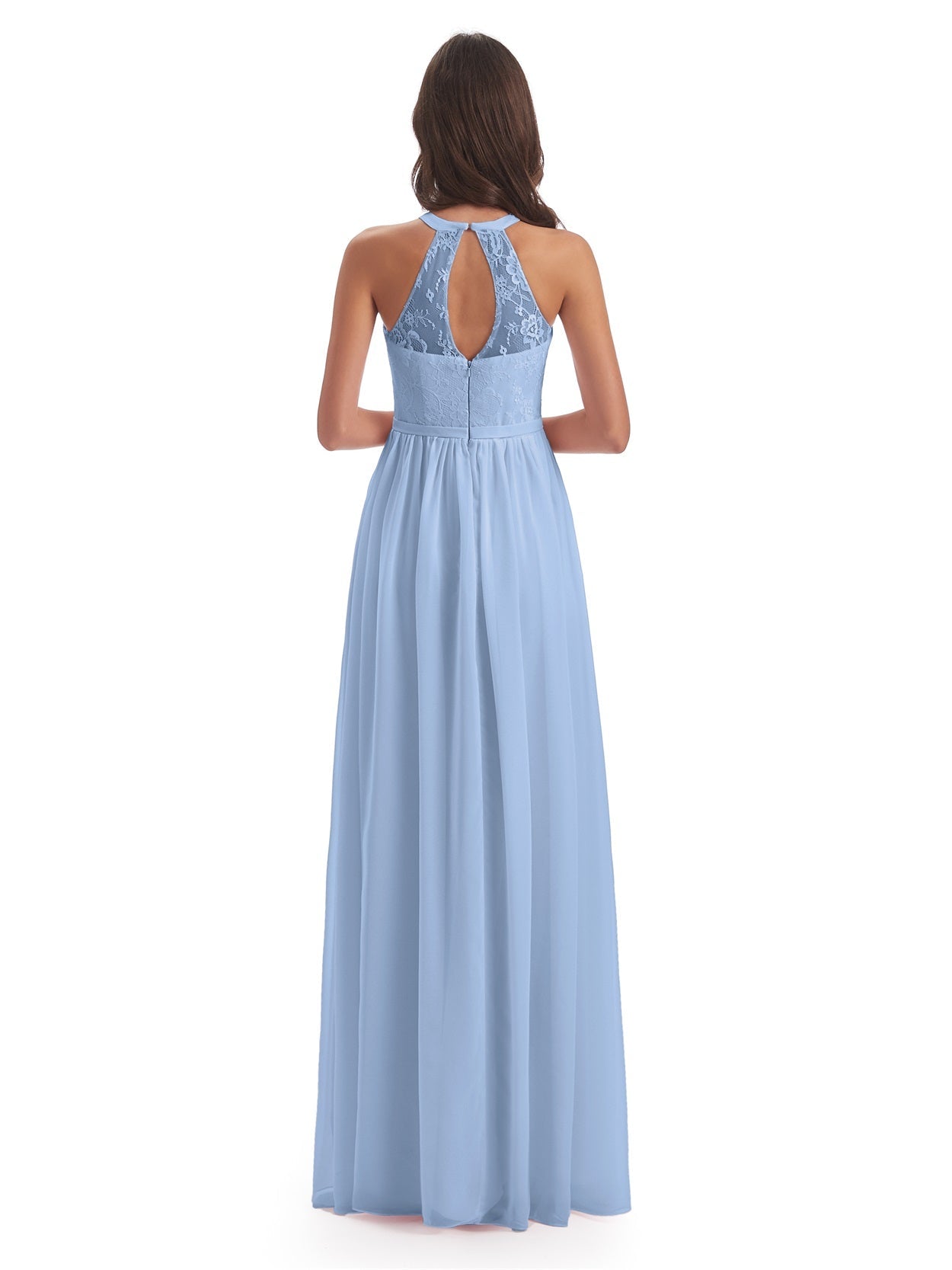 Ailani A-Linie Bodenlange Nackenträger geschlitzte Spitze/Chiffon Lange Brautjungfernkleider