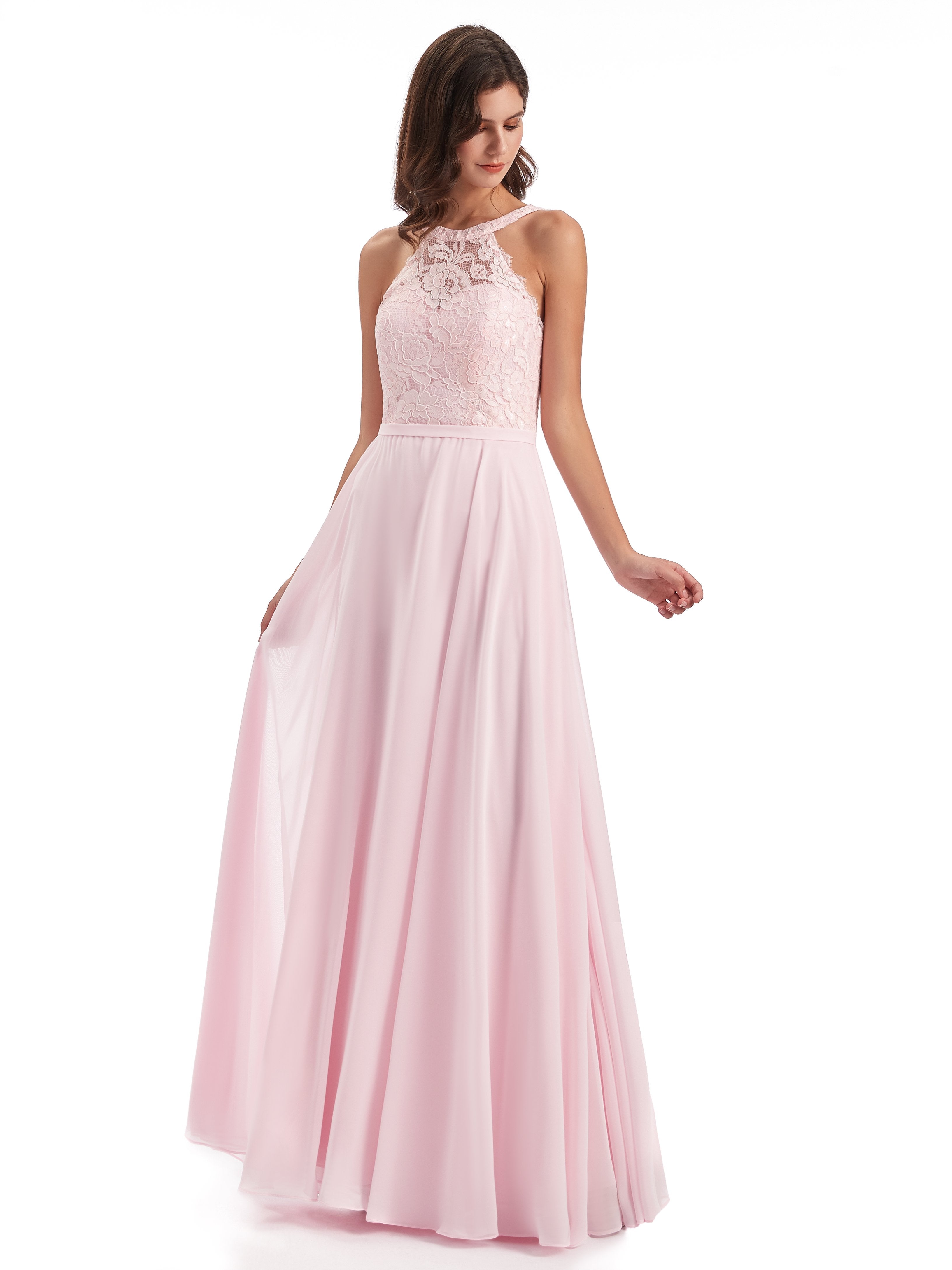 Avery A-Linie Bodenlange Nackenträger Illusion Chiffon/Spitze Lange Brautjungfernkleider