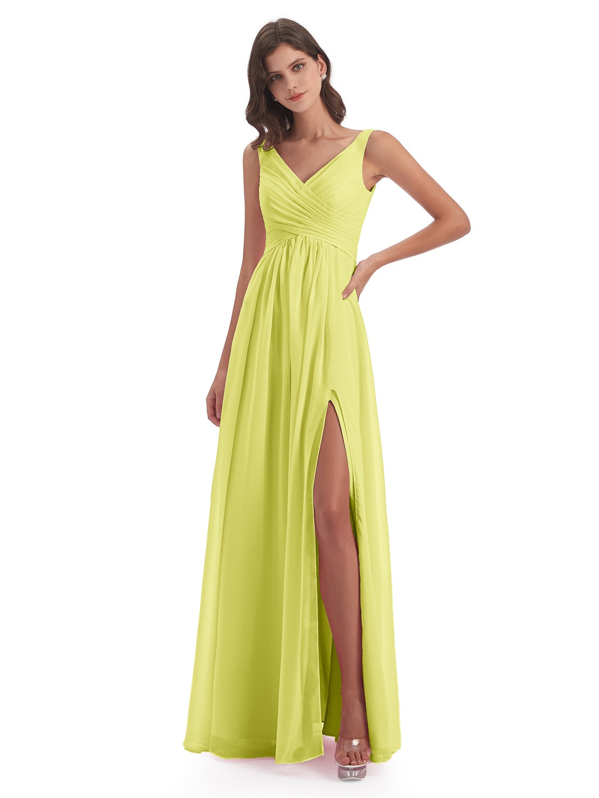 Jurnee Etui-Säule Bodenlange V-Ausschnitt Chiffon Lange Brautjungfernkleider