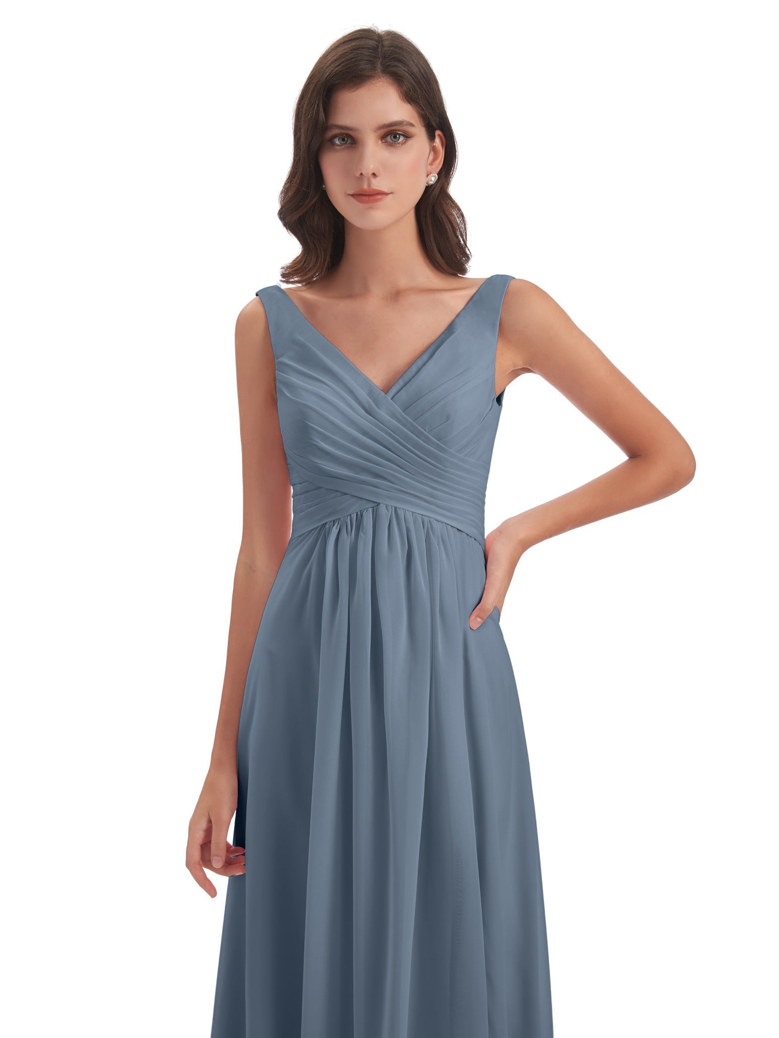 Jurnee Etui-Säule Bodenlange V-Ausschnitt Chiffon Lange Brautjungfernkleider