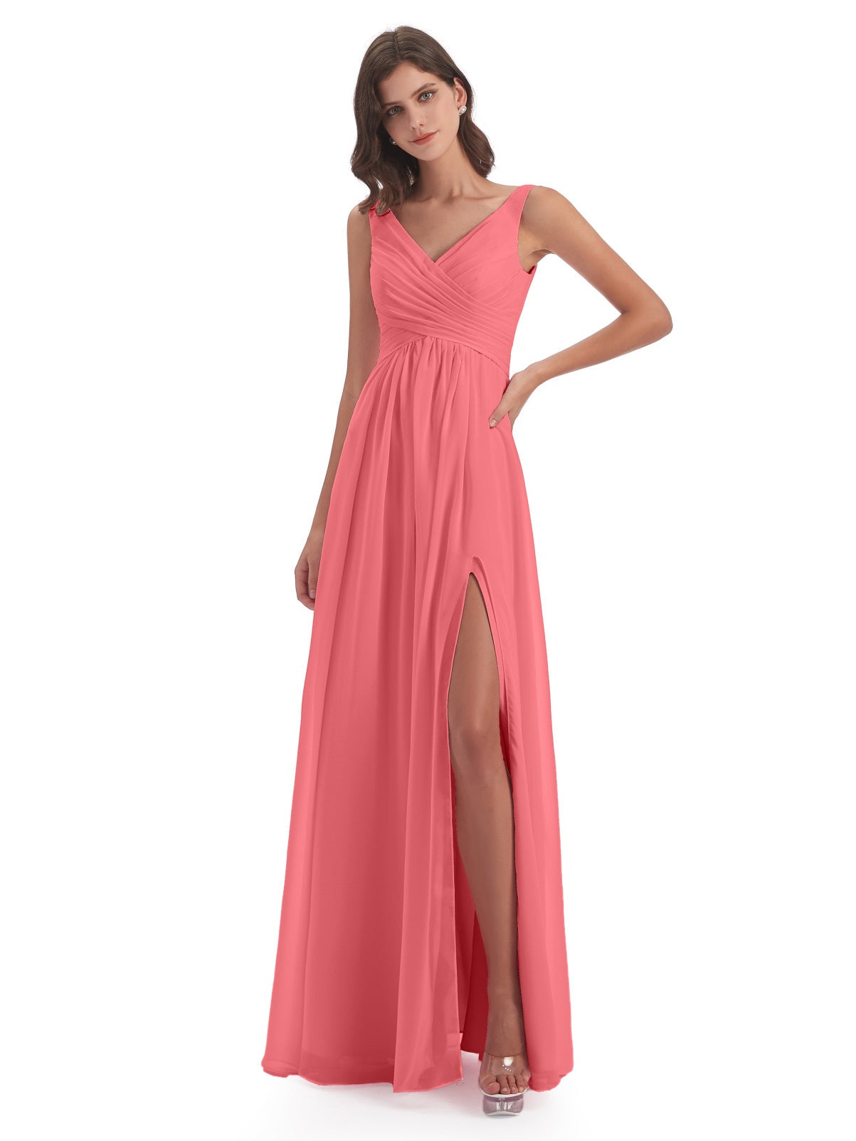 Jurnee Etui-Säule Bodenlange V-Ausschnitt Chiffon Lange Brautjungfernkleider