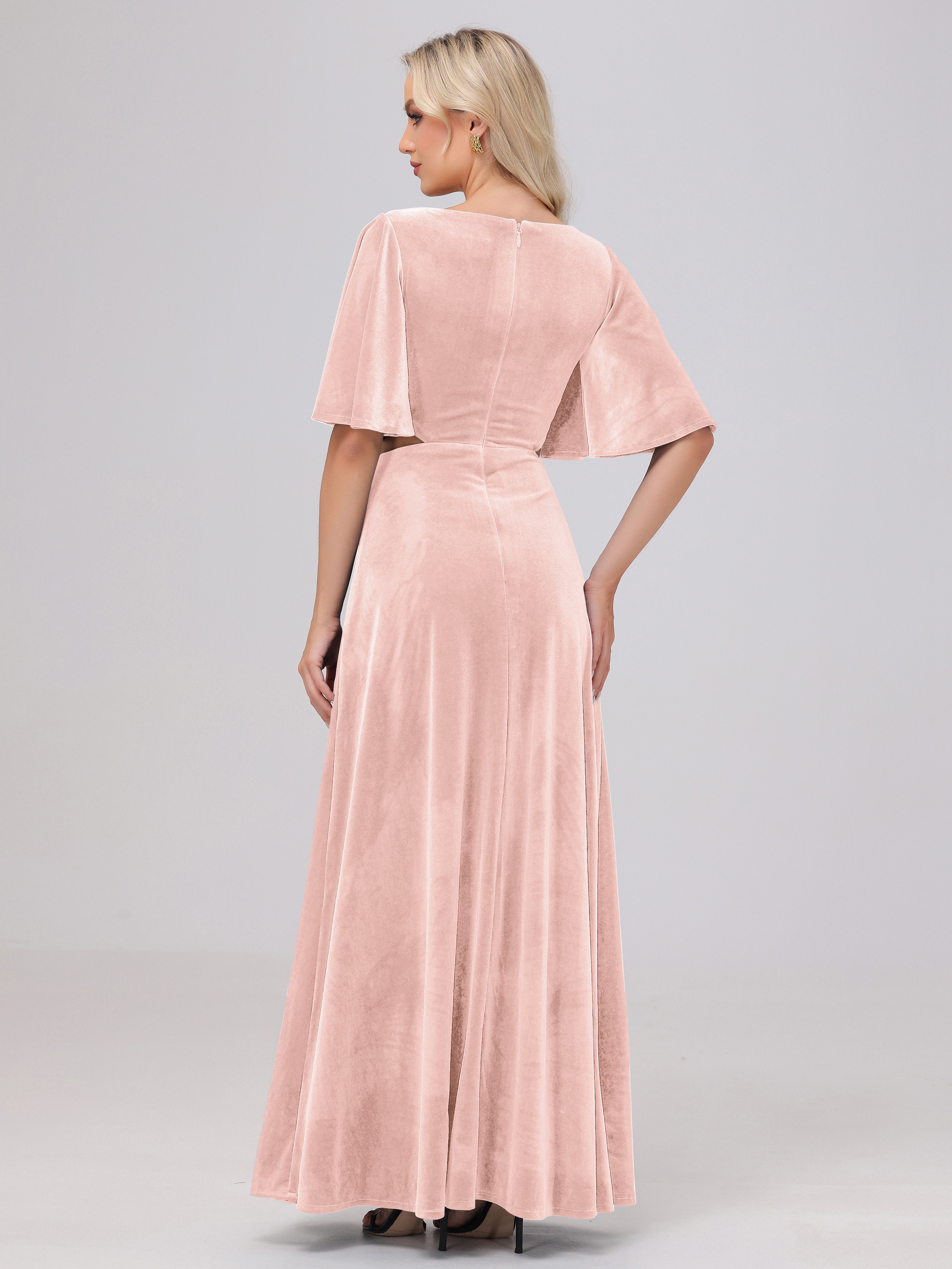 A-Linie Halbe Ärmel V-Ausschnitt Lange Samt Brautjungfernkleider