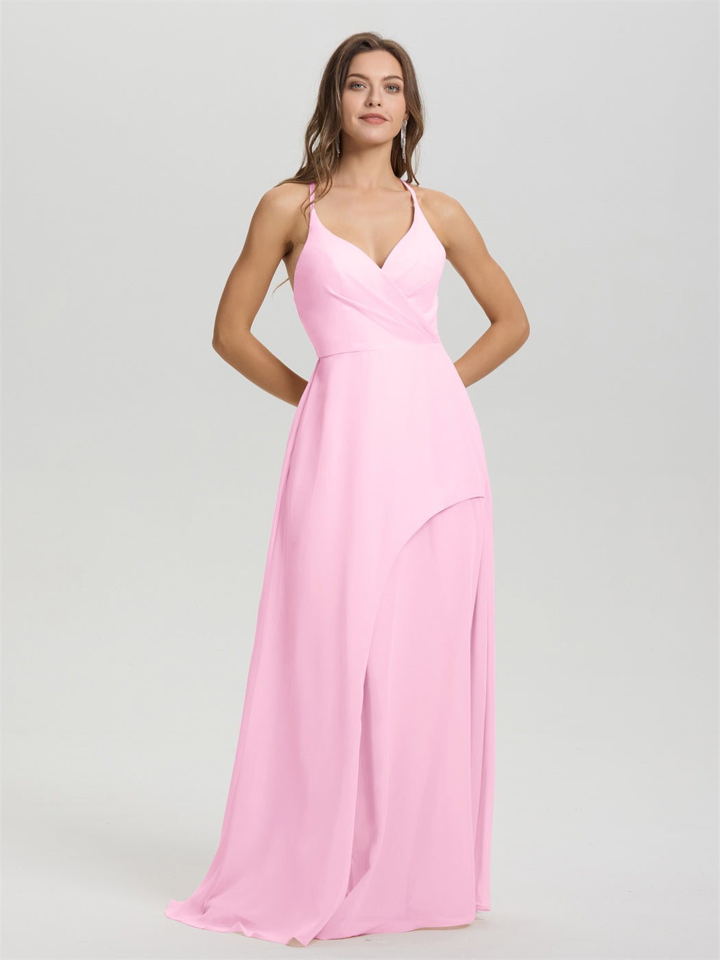 Träger V-Ausschnitt Offener Rücken Langes Chiffon Formales Brautjungfernkleid