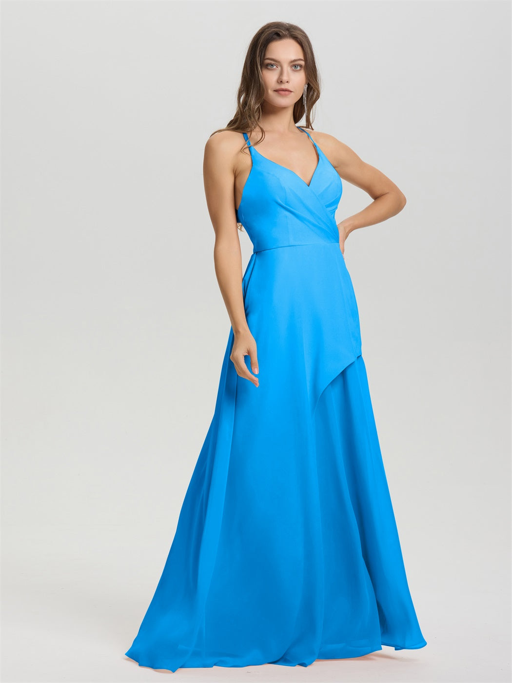 Träger V-Ausschnitt Offener Rücken Langes Chiffon Formales Brautjungfernkleid