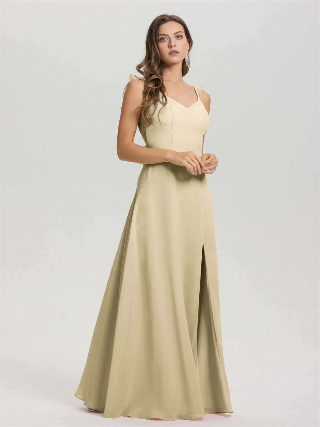 V-Ausschnitt Riemen Rücken Krawatte Boden Länge Chiffon Brautjungfer Kleid mit Schlitz