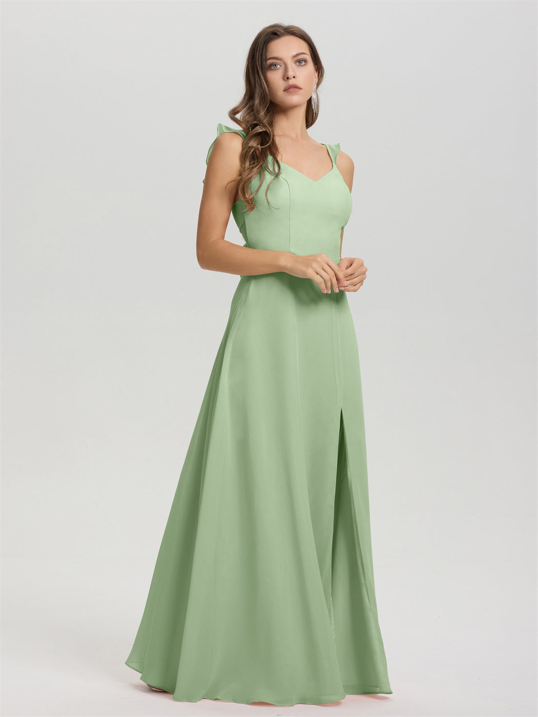 V-Ausschnitt Riemen Rücken Krawatte Boden Länge Chiffon Brautjungfer Kleid mit Schlitz