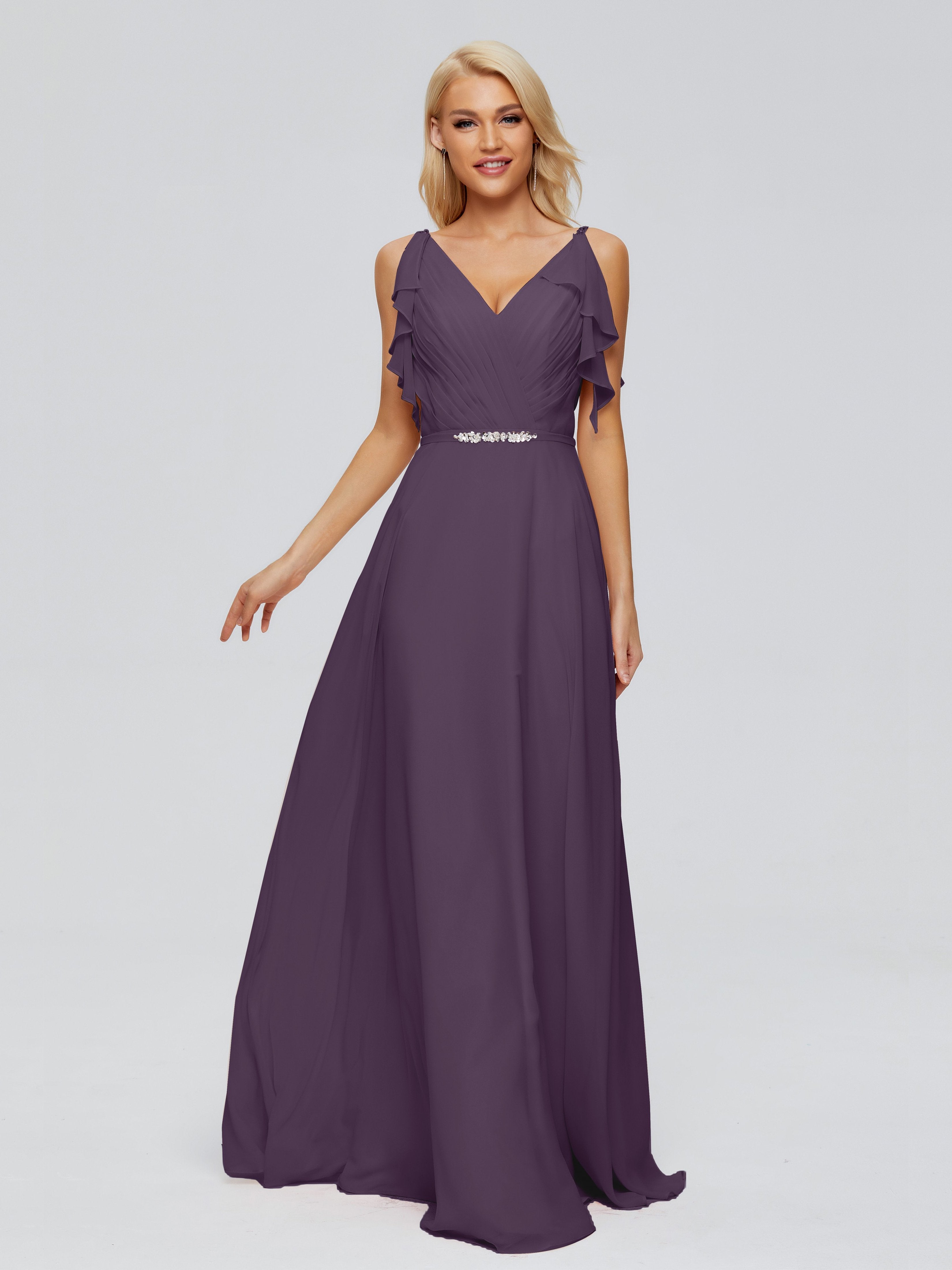 Brianna A-Linie Spaghettiträger V-Rücken Chiffon Brautjungfernkleider