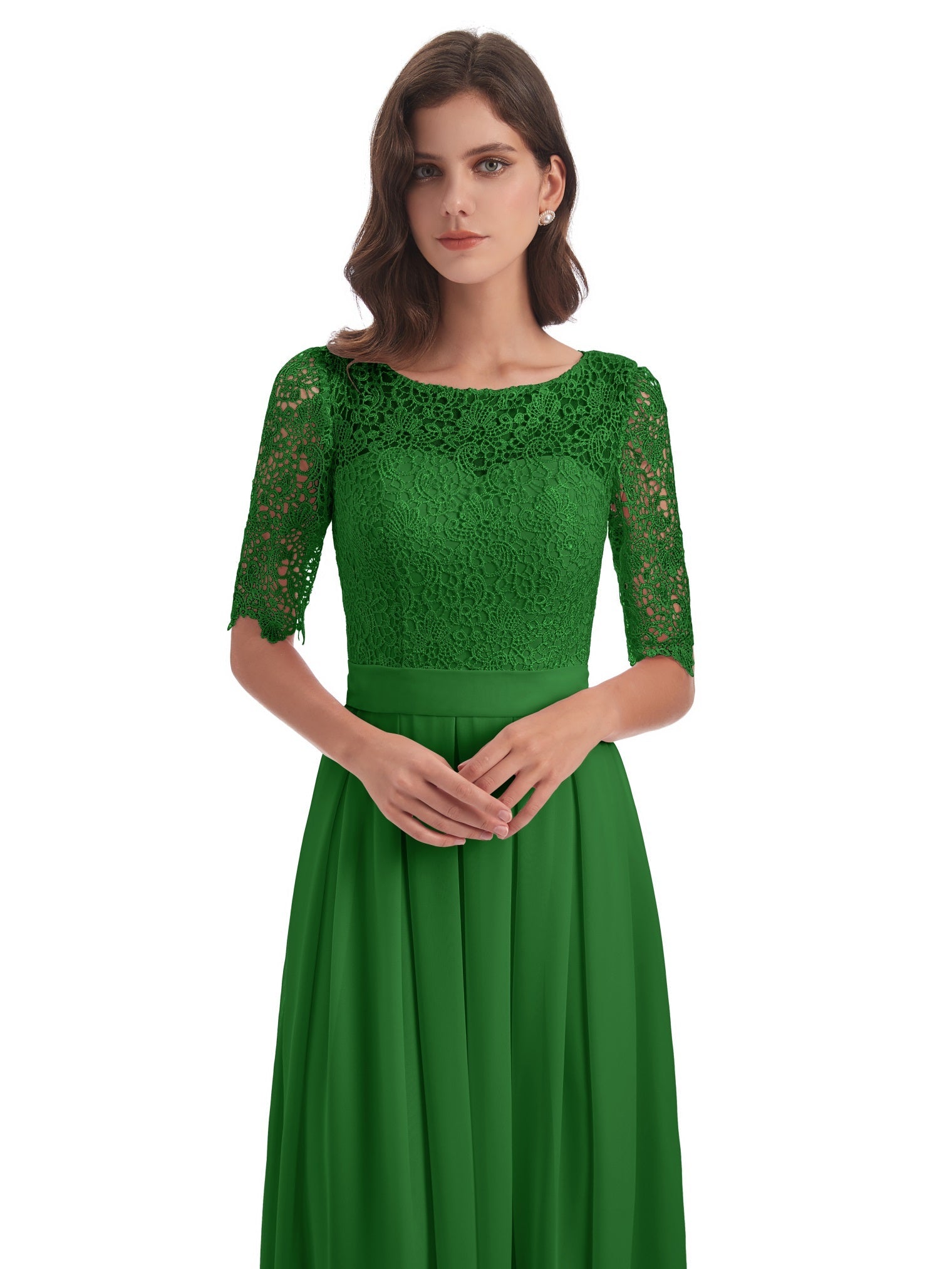 Brielle A-Linie Bodenlange 1/2 Ärmel U-Ausschnitt Halsausschnitt Spitze/Chiffon Lange Brautjungfernkleider
