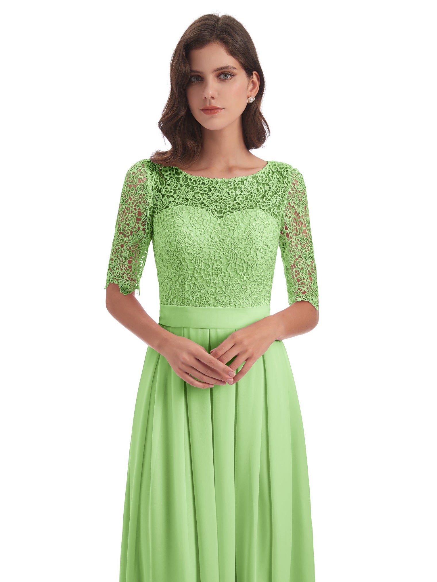 Brielle A-Linie Bodenlange 1/2 Ärmel U-Ausschnitt Halsausschnitt Spitze/Chiffon Lange Brautjungfernkleider