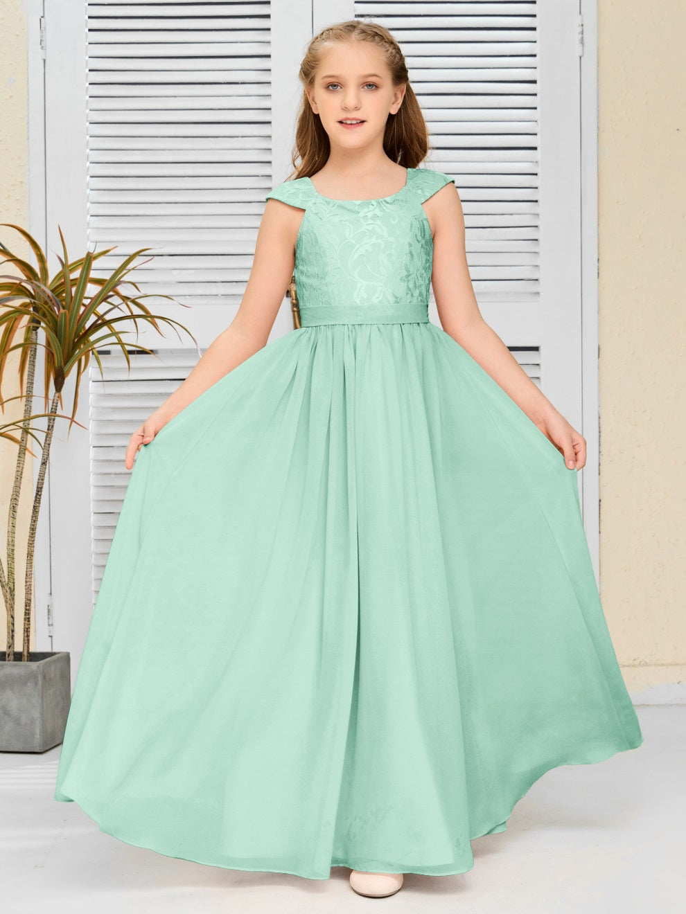A Line Chiffon Spitze Junior Brautjungfer Kleid