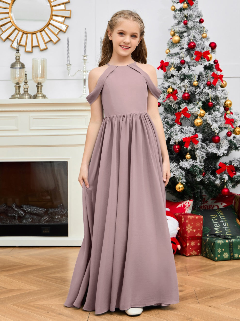 Elegantes schulterfreies langes Chiffon Junior Brautjungfernkleid