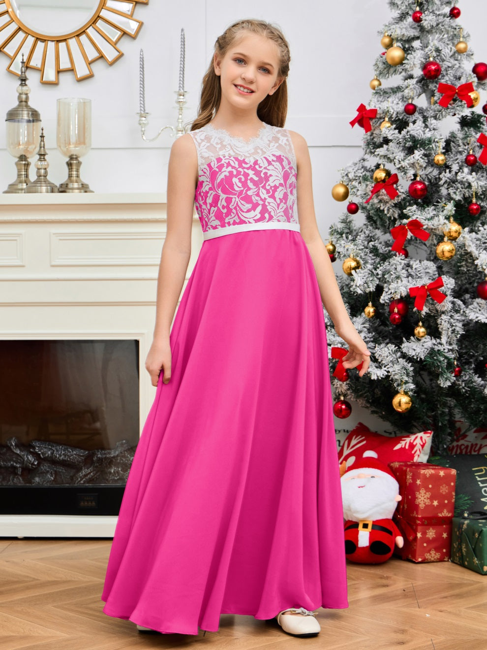 A Line V Rücken Chiffon Spitze Junior Brautjungfer Kleid