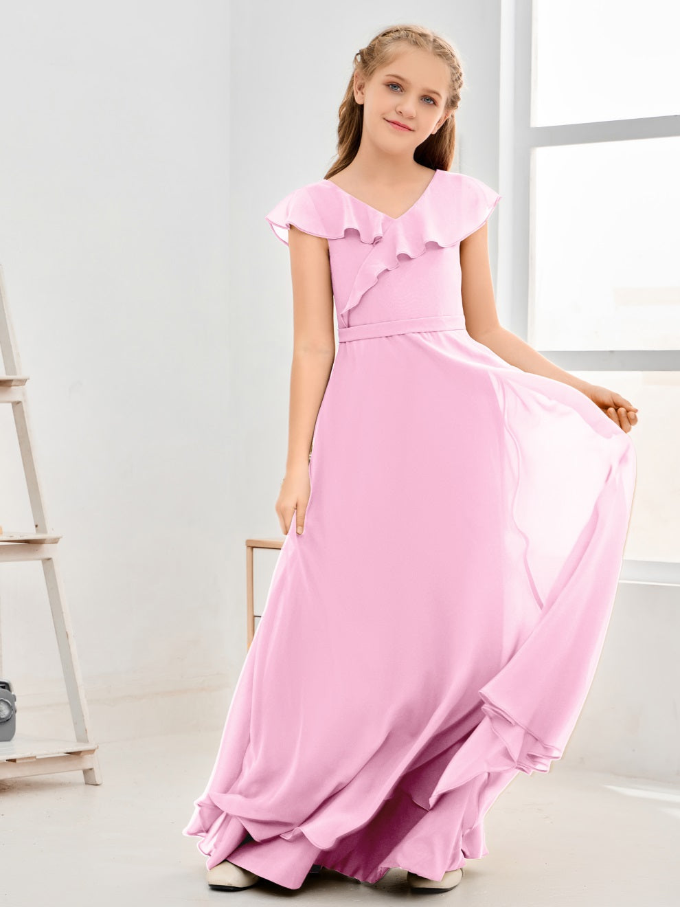 Gewellter V-Ausschnitt Chiffon Junior Brautjungfernkleid