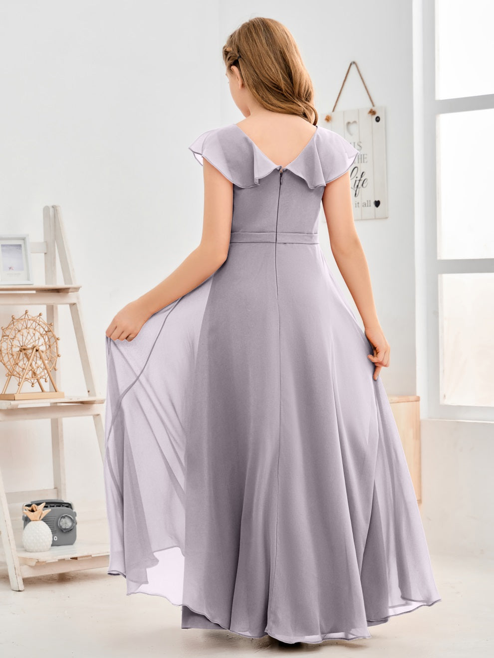 Gewellter V-Ausschnitt Chiffon Junior Brautjungfernkleid