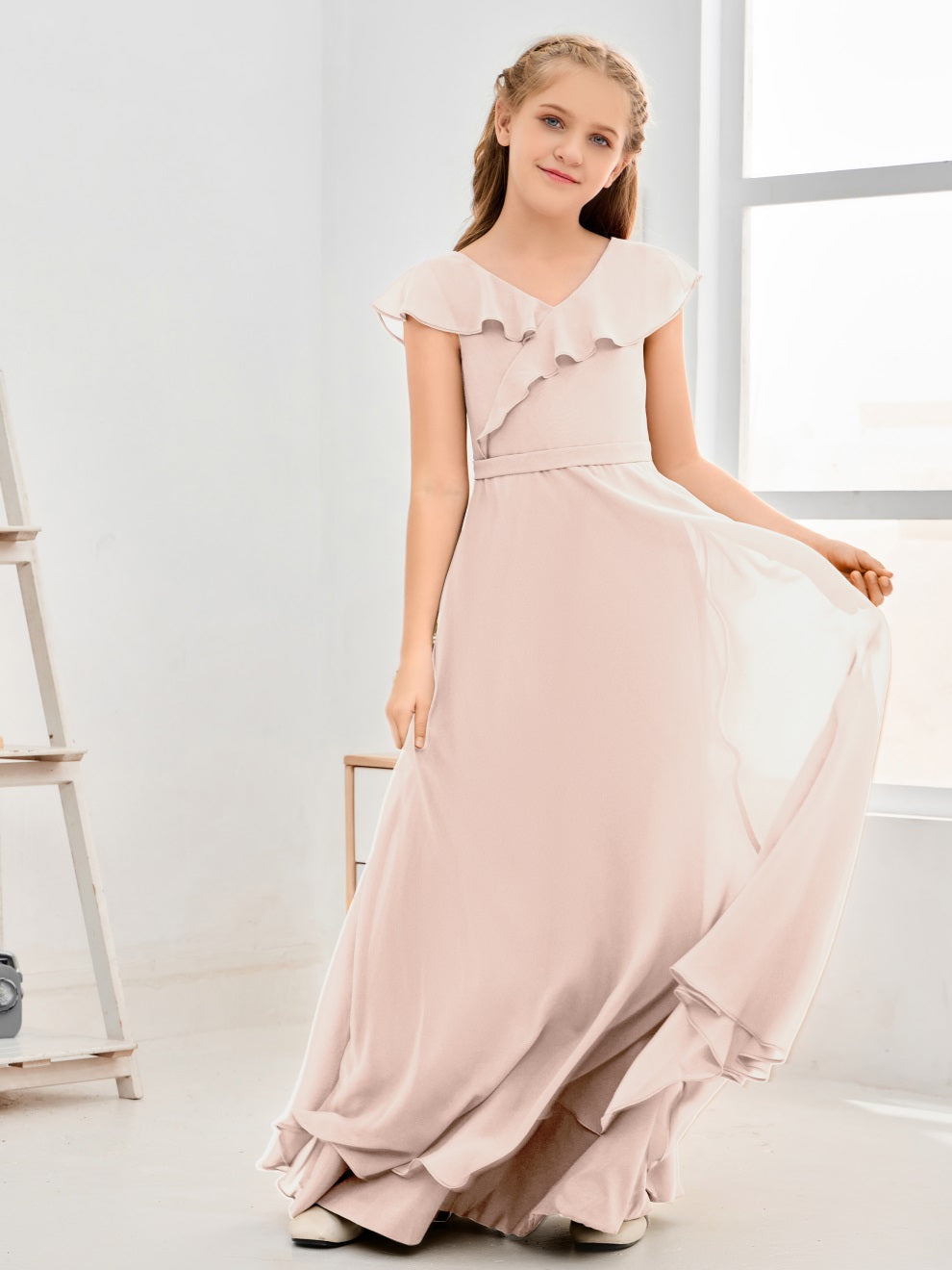 Gewellter V-Ausschnitt Chiffon Junior Brautjungfernkleid