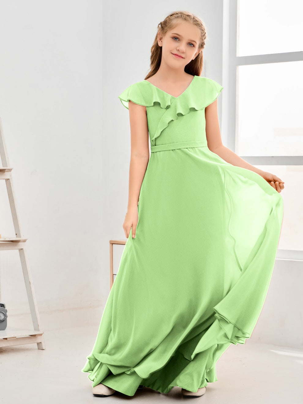 Gewellter V-Ausschnitt Chiffon Junior Brautjungfernkleid